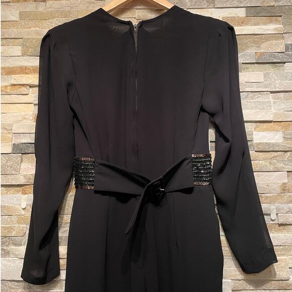 Vintage Black Sequin Waist Jumpsuit | Sheer Sleeve, V-Neck, Pockets, Formal Glam - Picture 7 of 11